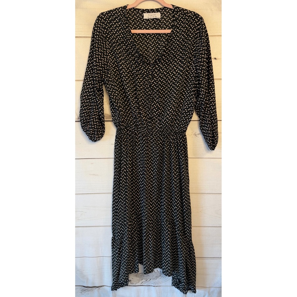 Auguste The Label Black White Polka Dot Midi Dress V-Neck Lace Up US 6 AU 10
